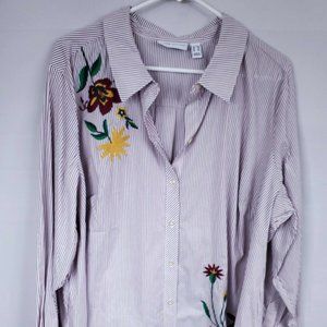 Susan Graver Women's Plus Size 24W Striped Embroidered Floral Button Up Top LS